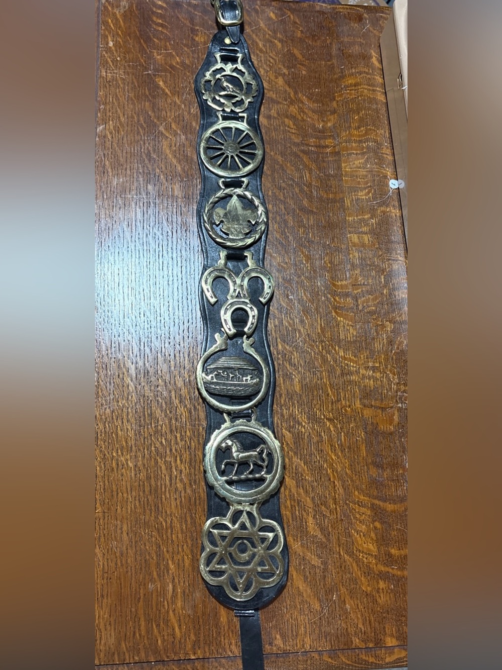 Vintage Brass Horse Medallion Leather Strap With Lot of 7 Medallions.
